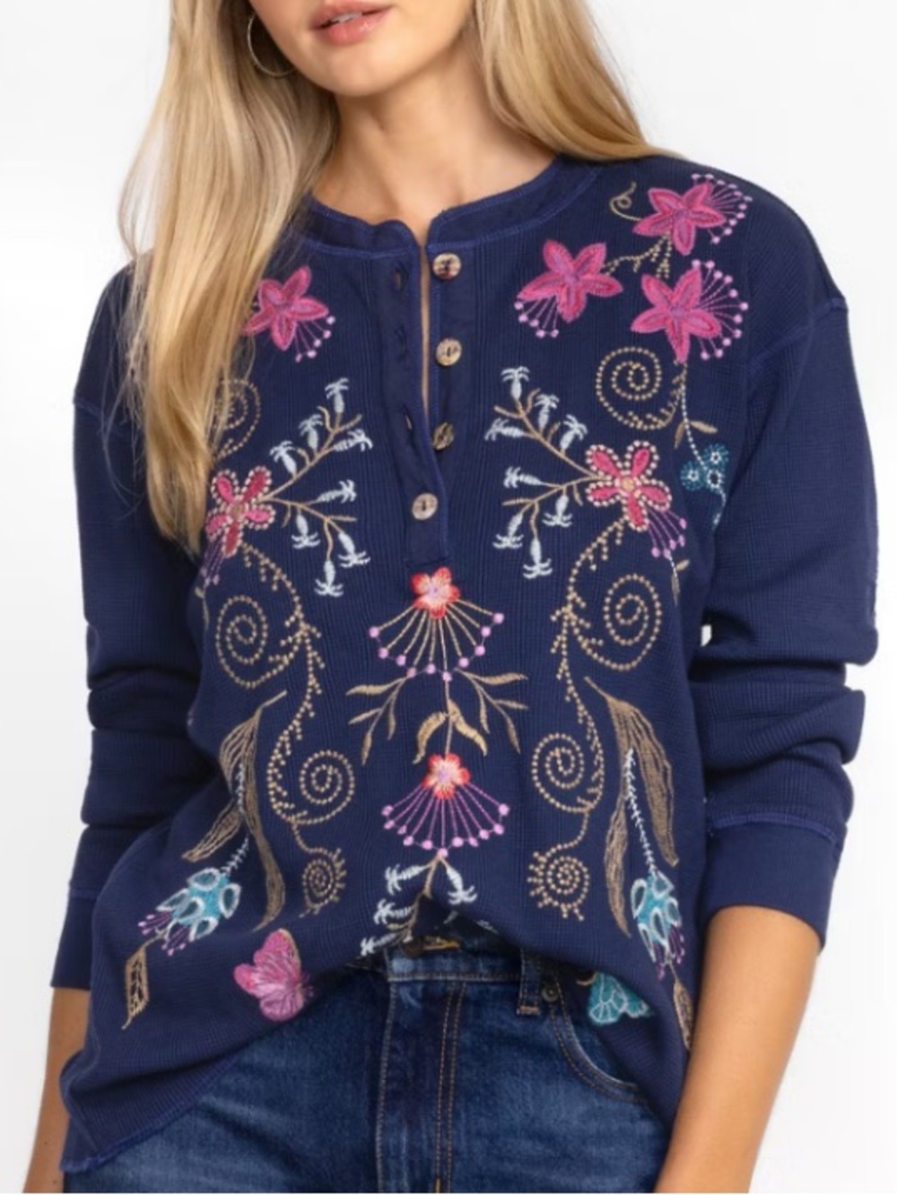 Johnny Was Thermal Henely Blue Embroidered Top PXS